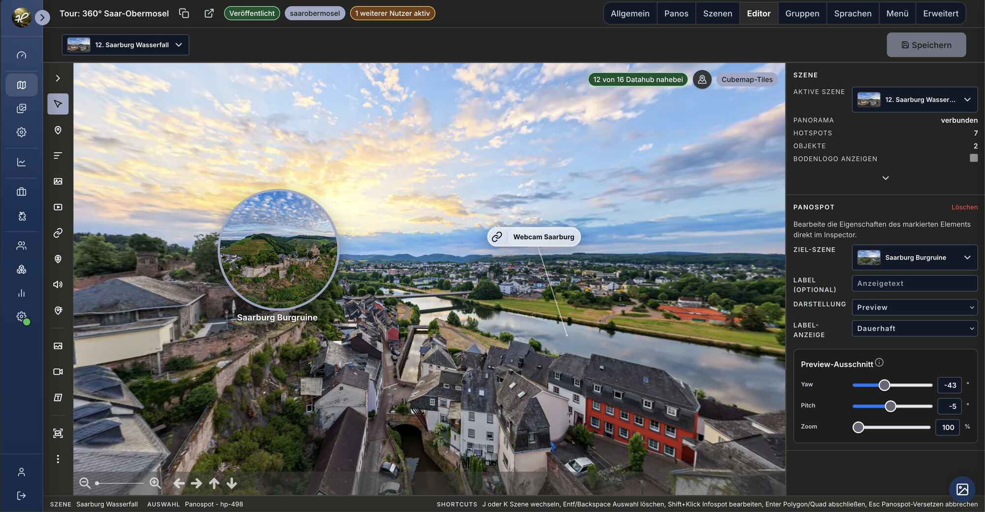 CMS-Editor der Saar-Obermosel-Tour mit 360-Grad-Panorama, Hotspot-Auswahl und Eigenschaften im Inspector.