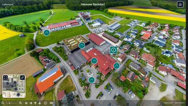 Luftansicht des H&auml;ussler-Gel&auml;ndes mit Navigation zu den einzelnen Bereichen