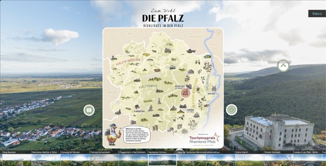 Hambacher Schloss in Neustadt an der Weinstra&szlig;e, im Vordergrund die &Uuml;bersichtskarte der 360&deg;-Touren